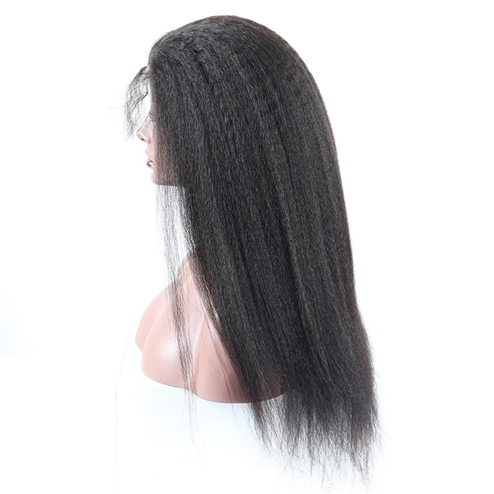 A 13x4 HD Transparent Lace Frontal Kinky Straight Human Hair Wig displayed on a mannequin, showcasing its natural texture and color.