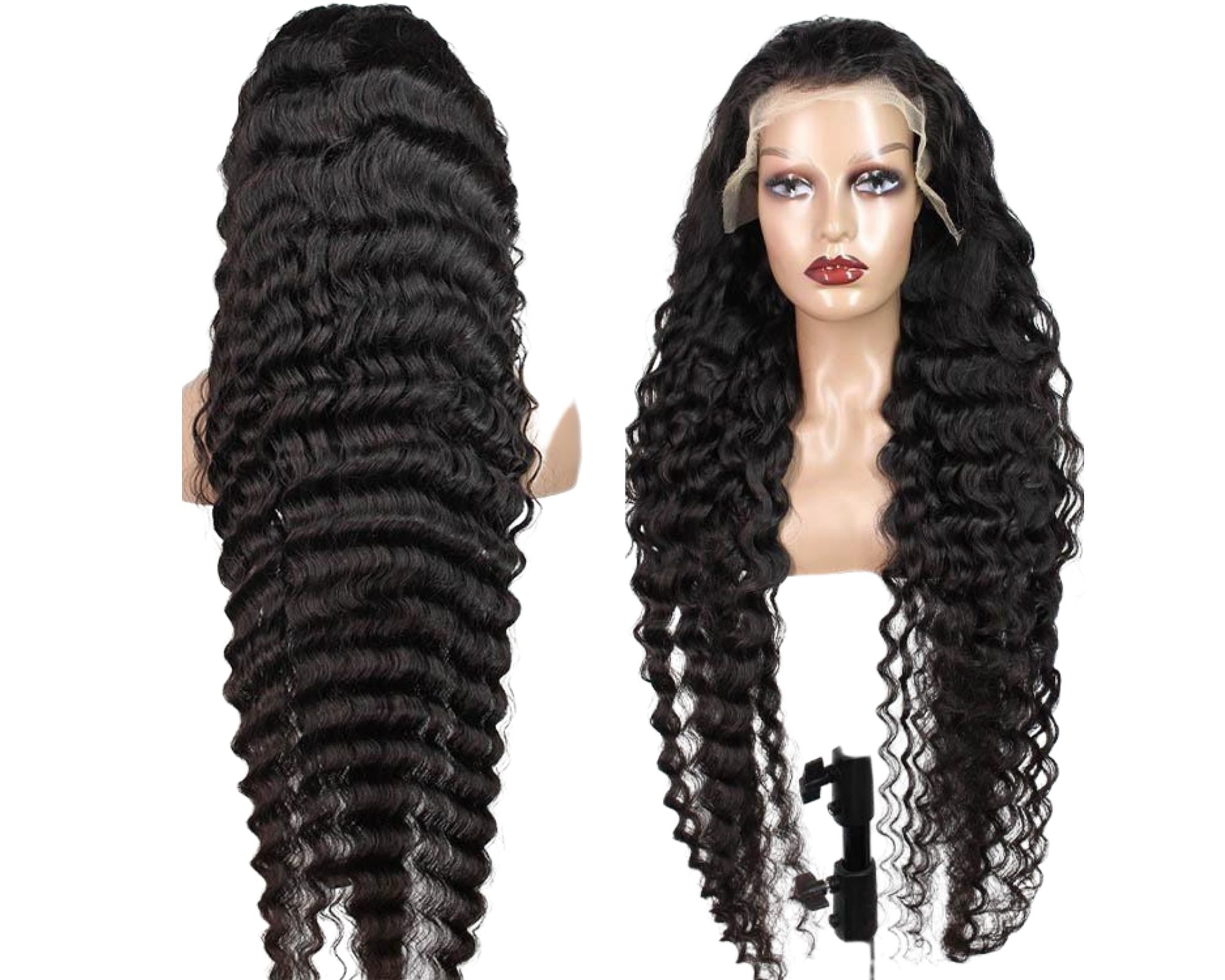 A 13x4 HD Transparent Lace Frontal Loose Deep Wave Human Hair Wig displayed on a mannequin, showcasing its natural waves and high-quality lace front.