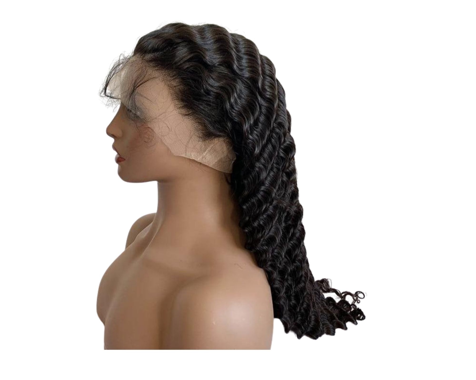 A 13x4 HD Transparent Lace Frontal Loose Deep Wave Human Hair Wig displayed on a mannequin, showcasing its natural waves and high-quality lace front.