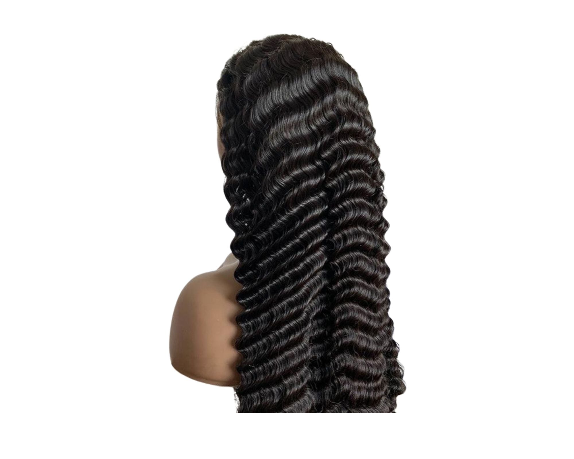 A 13x4 HD Transparent Lace Frontal Loose Deep Wave Human Hair Wig displayed on a mannequin, showcasing its natural waves and high-quality lace front.