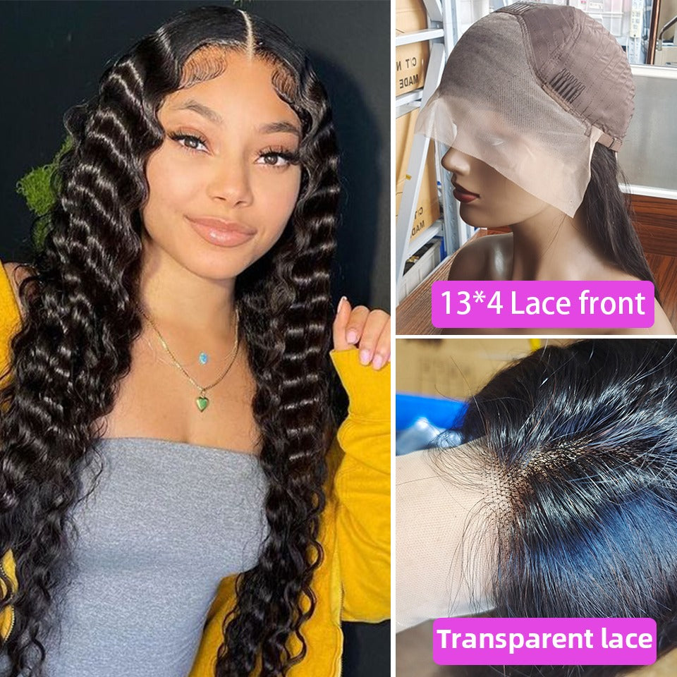 A 13x4 HD Transparent Lace Frontal Loose Deep Wave Human Hair Wig displayed on a mannequin, showcasing its natural waves and high-quality lace front.