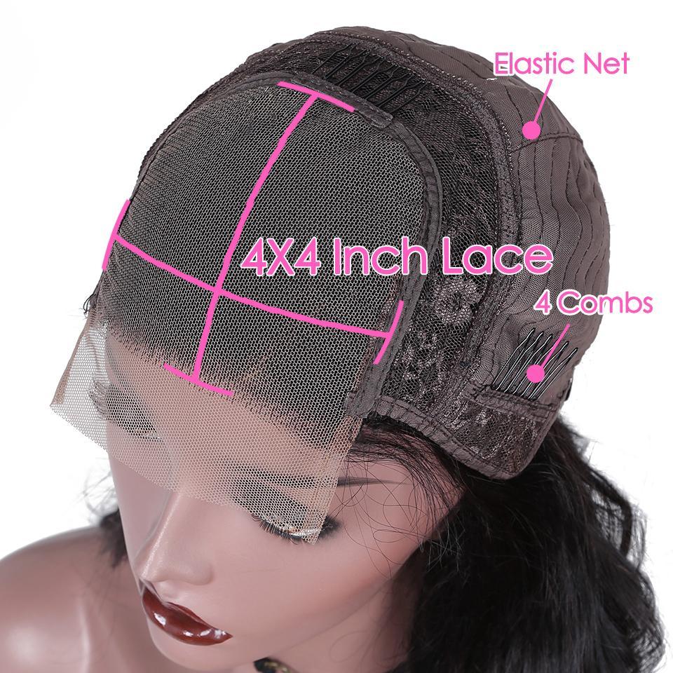 180% Density Full 4x4 Closure Wig with body wave style, made from high-quality remy human hair, featuring transparent lace for a natural look.