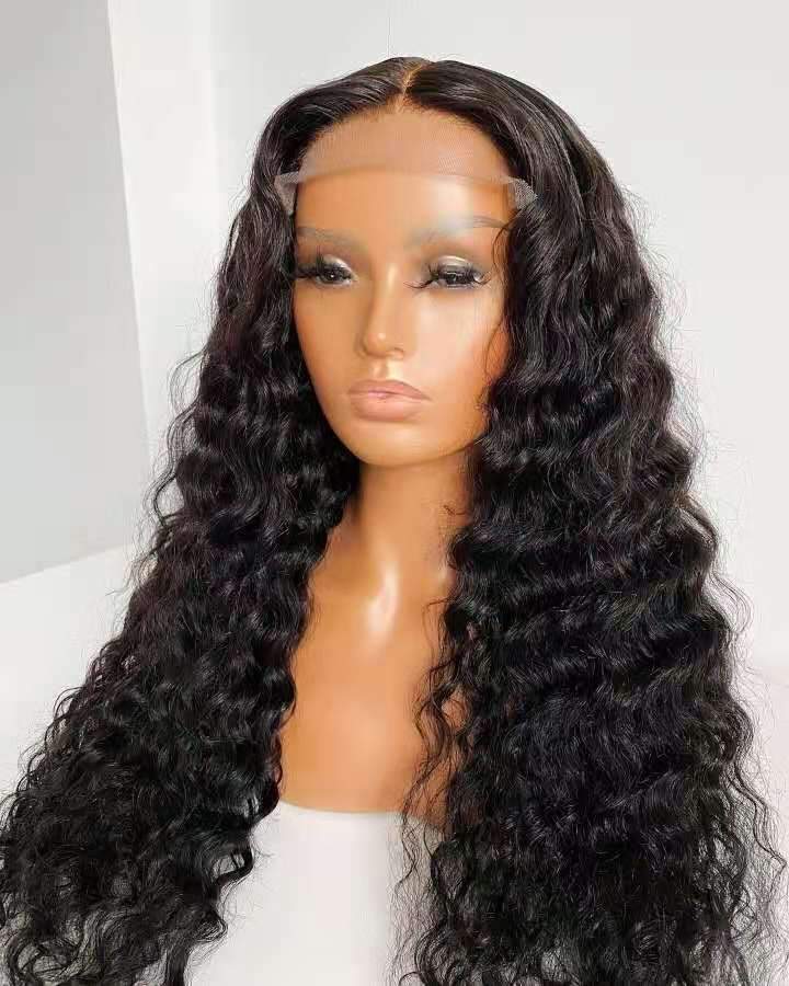 180% Density Full 4x4 Transparent Lace Front Deep Wave Human Hair Wig displayed on a mannequin, showcasing its natural waves and high-quality lace.