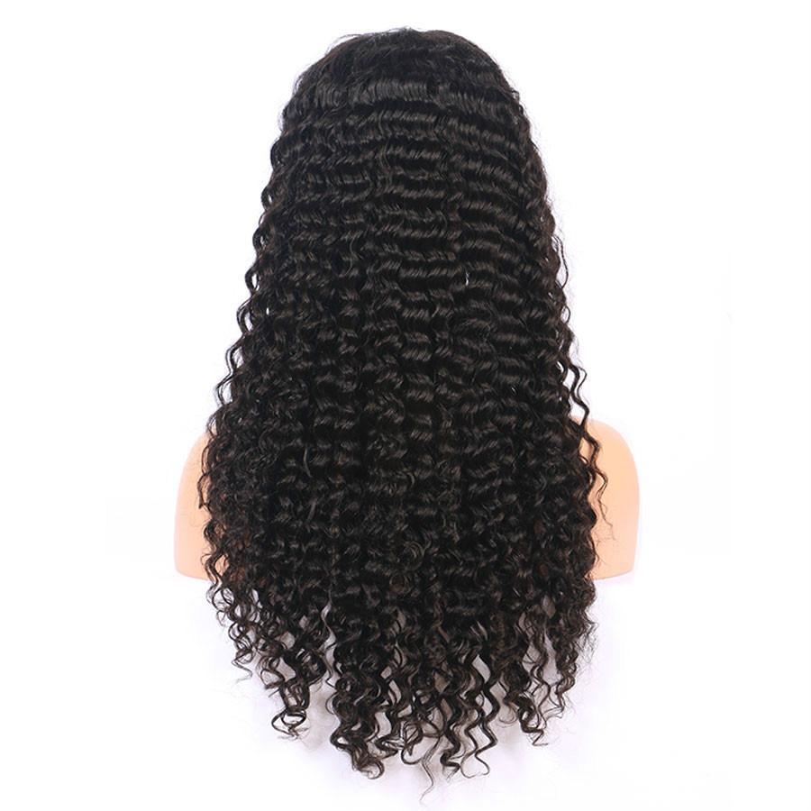 180% Density Full 4x4 Transparent Lace Front Deep Wave Human Hair Wig displayed on a mannequin, showcasing its natural waves and high-quality lace.