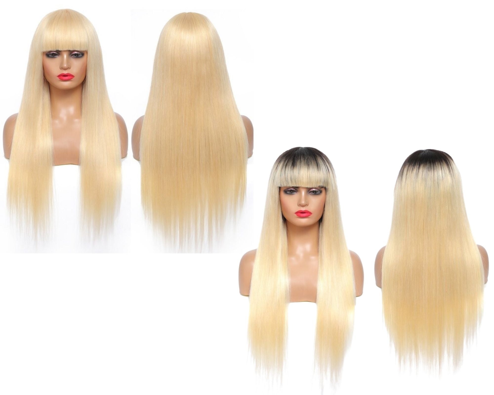 A stylish #1B/613 Straight 180% Density Wig with Bangs, showcasing its natural blonde color and straight texture, made from 100% human hair.