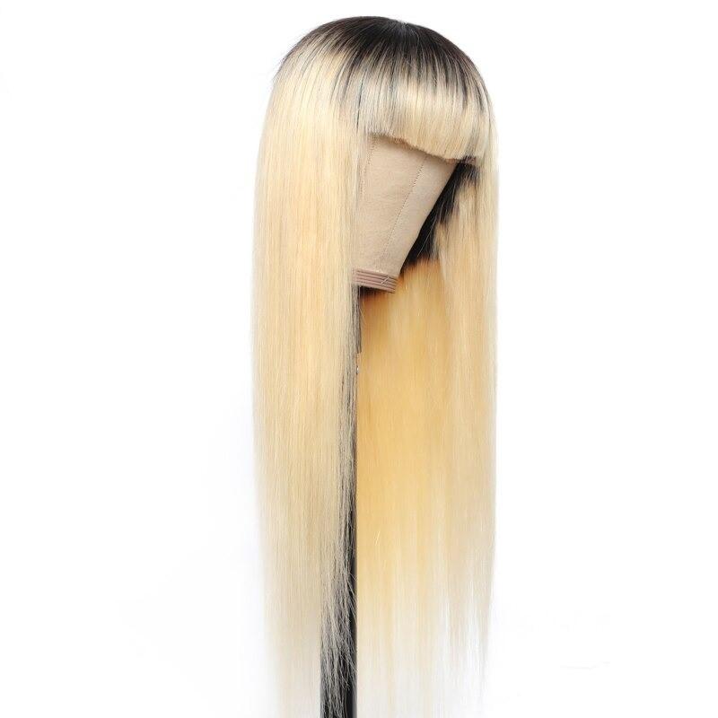 A stylish #1B/613 Straight 180% Density Wig with Bangs, showcasing its natural blonde color and straight texture, made from 100% human hair.