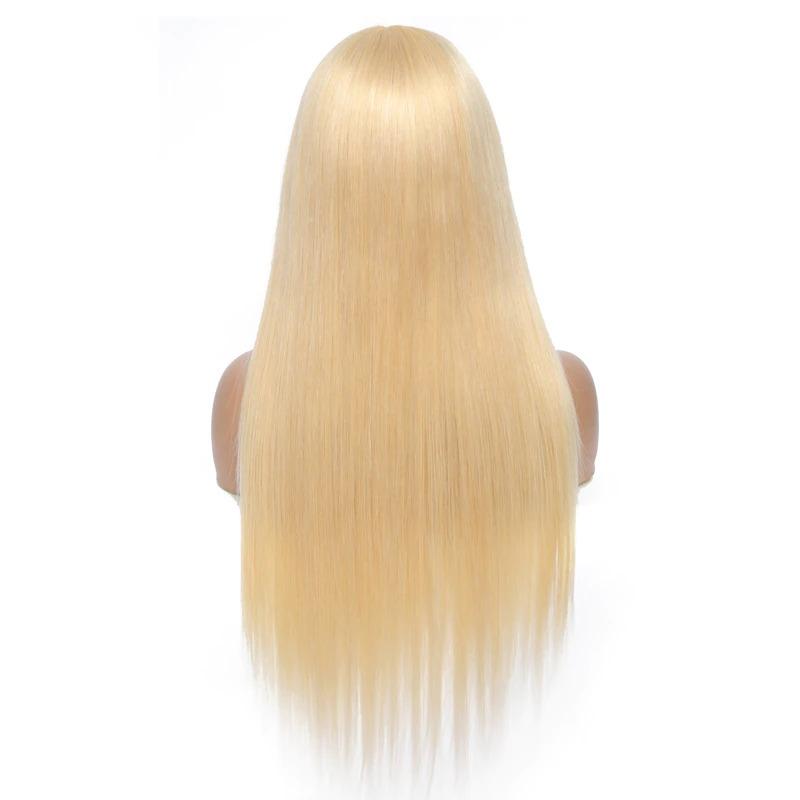 A stylish #1B/613 Straight 180% Density Wig with Bangs, showcasing its natural blonde color and straight texture, made from 100% human hair.