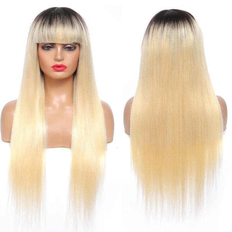 A stylish #1B/613 Straight 180% Density Wig with Bangs, showcasing its natural blonde color and straight texture, made from 100% human hair.