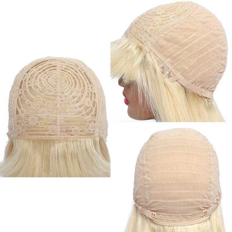 A stylish #1B/613 Straight 180% Density Wig with Bangs, showcasing its natural blonde color and straight texture, made from 100% human hair.