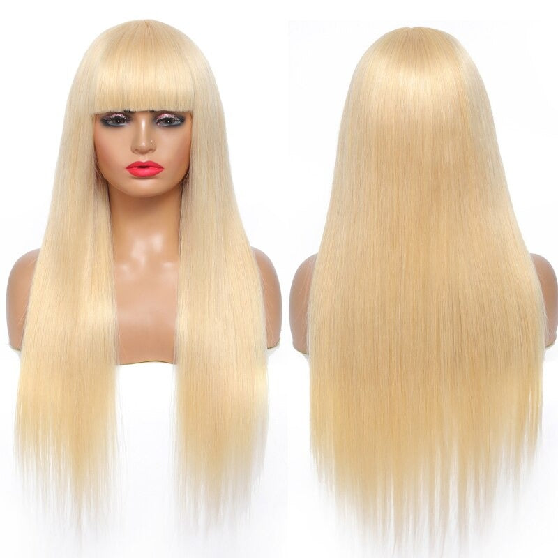 A stylish #1B/613 Straight 180% Density Wig with Bangs, showcasing its natural blonde color and straight texture, made from 100% human hair.