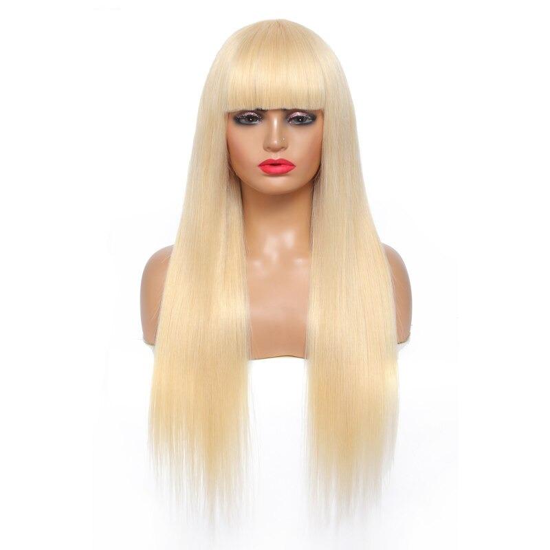 A stylish #1B/613 Straight 180% Density Wig with Bangs, showcasing its natural blonde color and straight texture, made from 100% human hair.