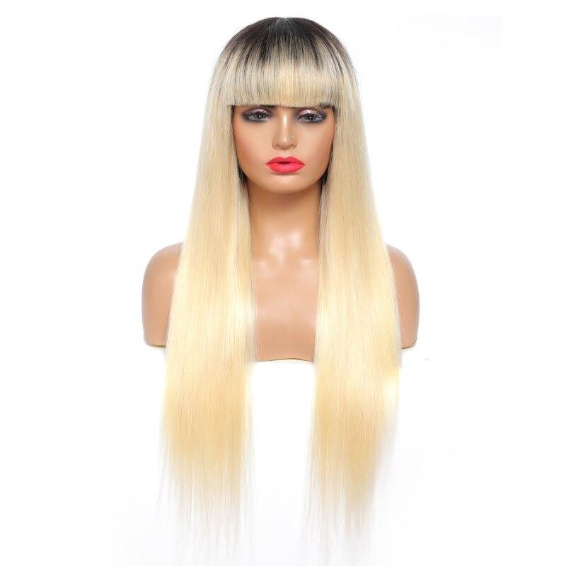 A stylish #1B/613 Straight 180% Density Wig with Bangs, showcasing its natural blonde color and straight texture, made from 100% human hair.