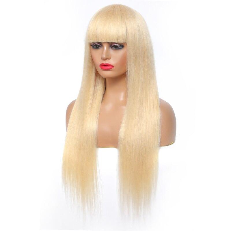 A stylish #1B/613 Straight 180% Density Wig with Bangs, showcasing its natural blonde color and straight texture, made from 100% human hair.