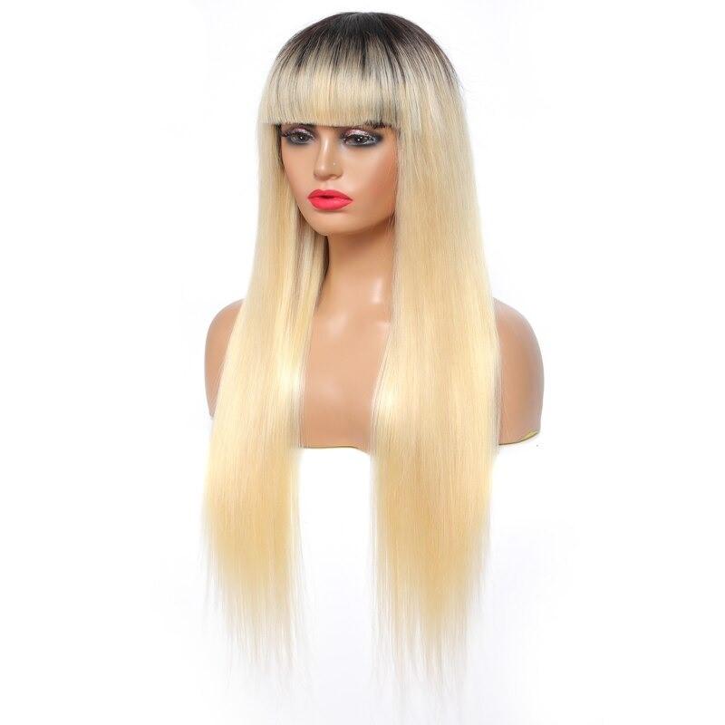 A stylish #1B/613 Straight 180% Density Wig with Bangs, showcasing its natural blonde color and straight texture, made from 100% human hair.