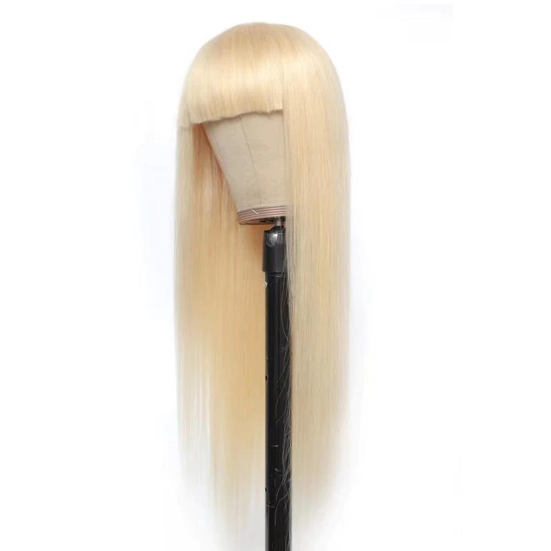 A stylish #1B/613 Straight 180% Density Wig with Bangs, showcasing its natural blonde color and straight texture, made from 100% human hair.