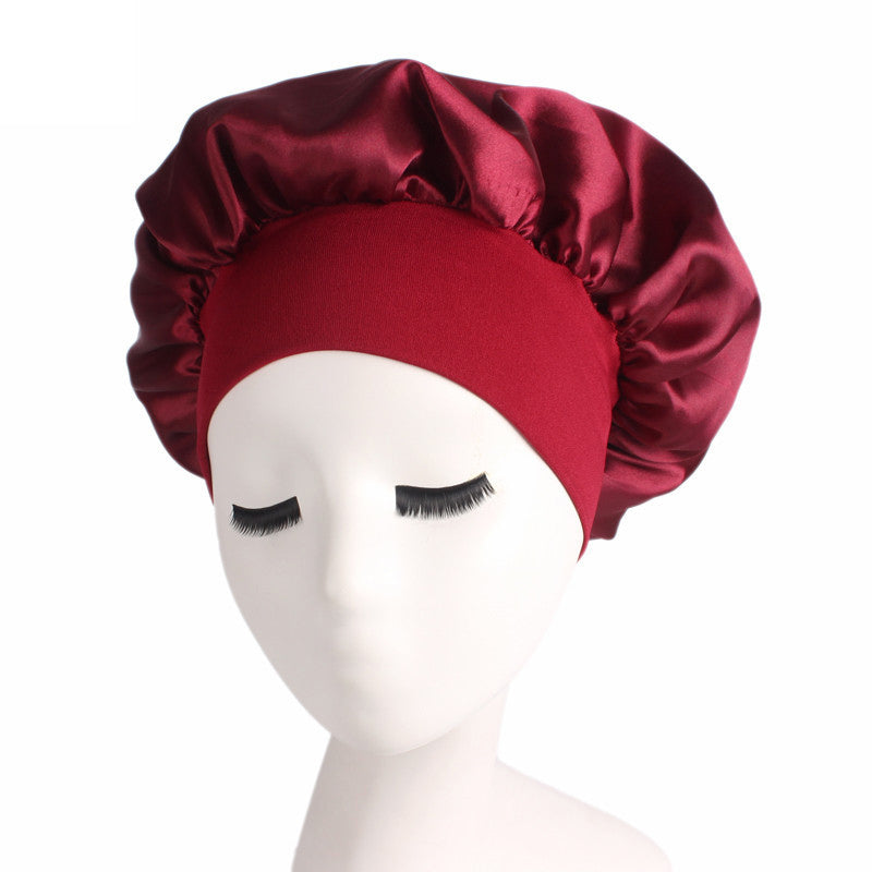 Adjustable solid satin bonnet cap for women, designed for long hair care and styling, available in multiple colors.