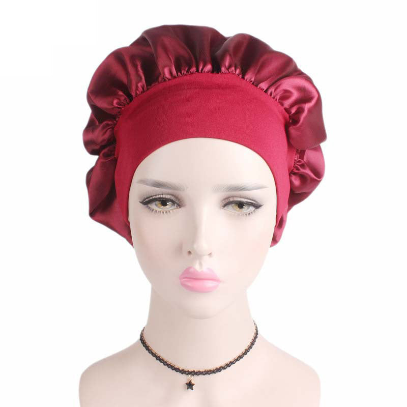 Adjustable solid satin bonnet cap for women, designed for long hair care and styling, available in multiple colors.