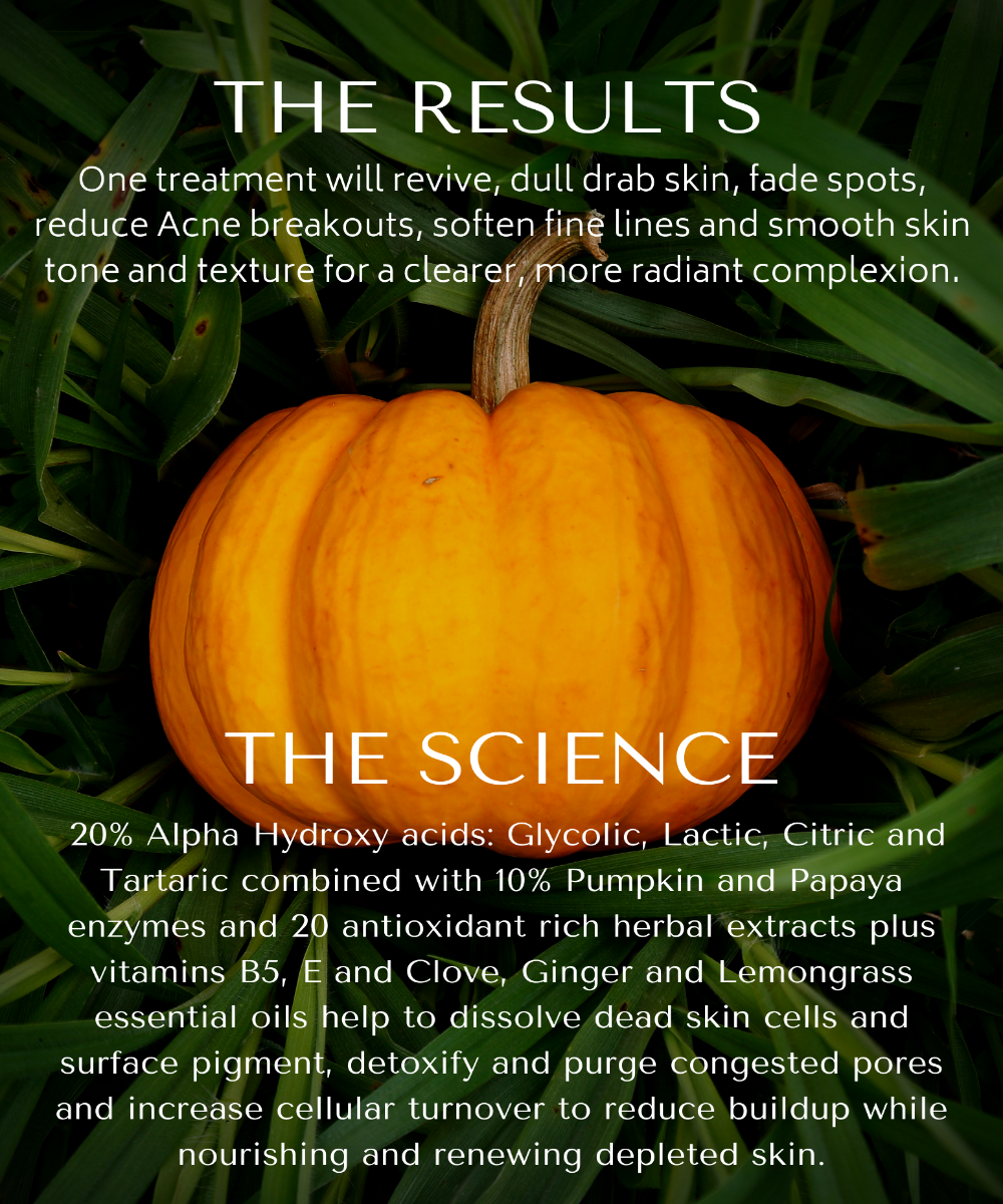 20% AHA Exfoliating Pumpkin Enzyme Peel Mask in a jar with a pumpkin background, showcasing its vibrant orange color and creamy texture.