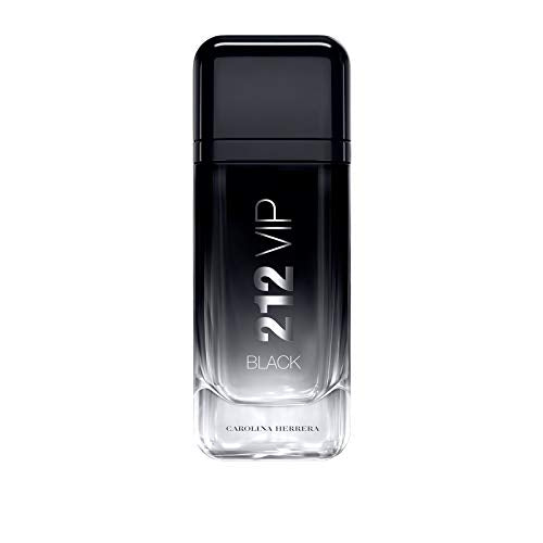 A sleek black bottle of 212 VIP Black Eau de Parfum by Carolina Herrera, showcasing its elegant design.