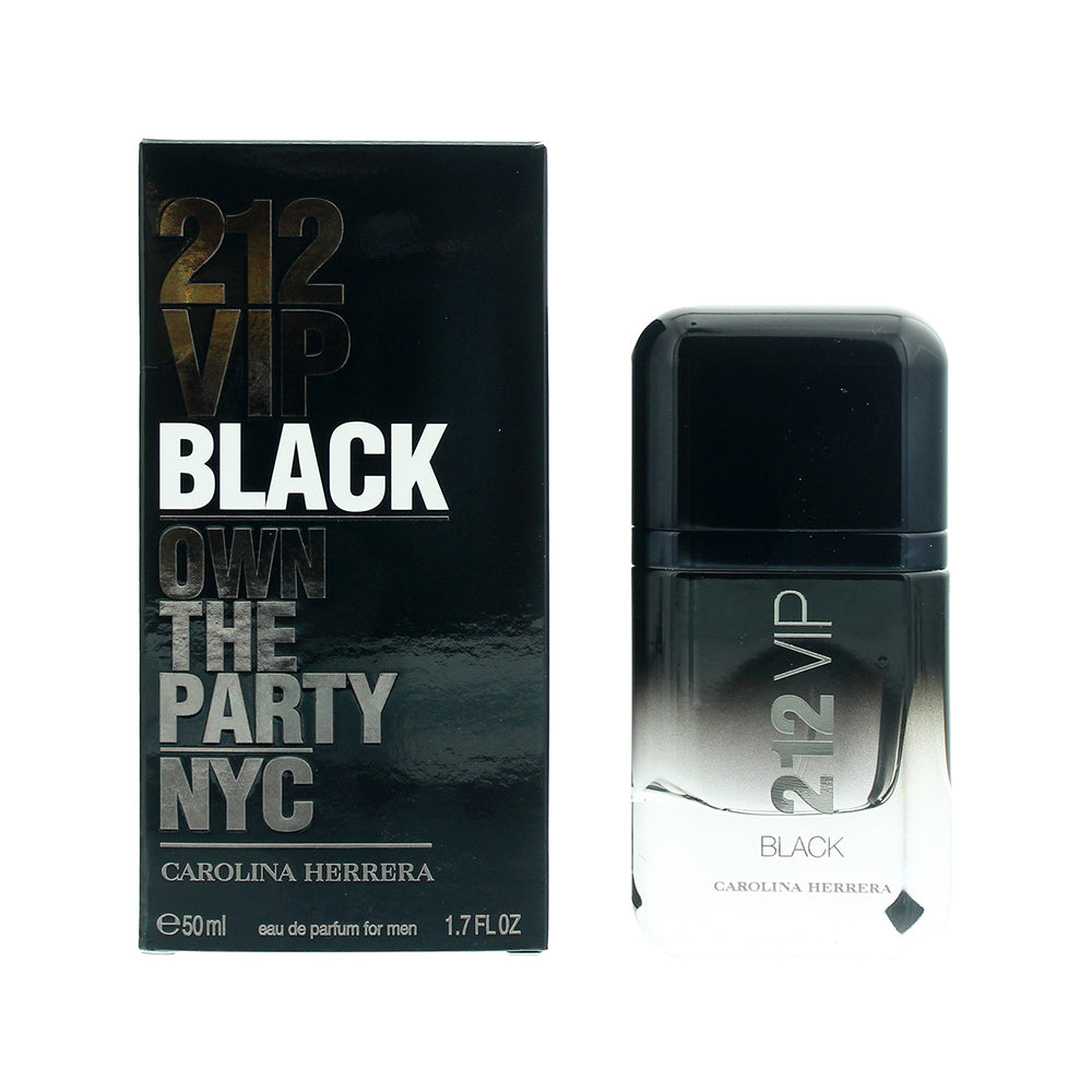 A sleek black bottle of 212 VIP Black Eau de Parfum by Carolina Herrera, showcasing its elegant design.