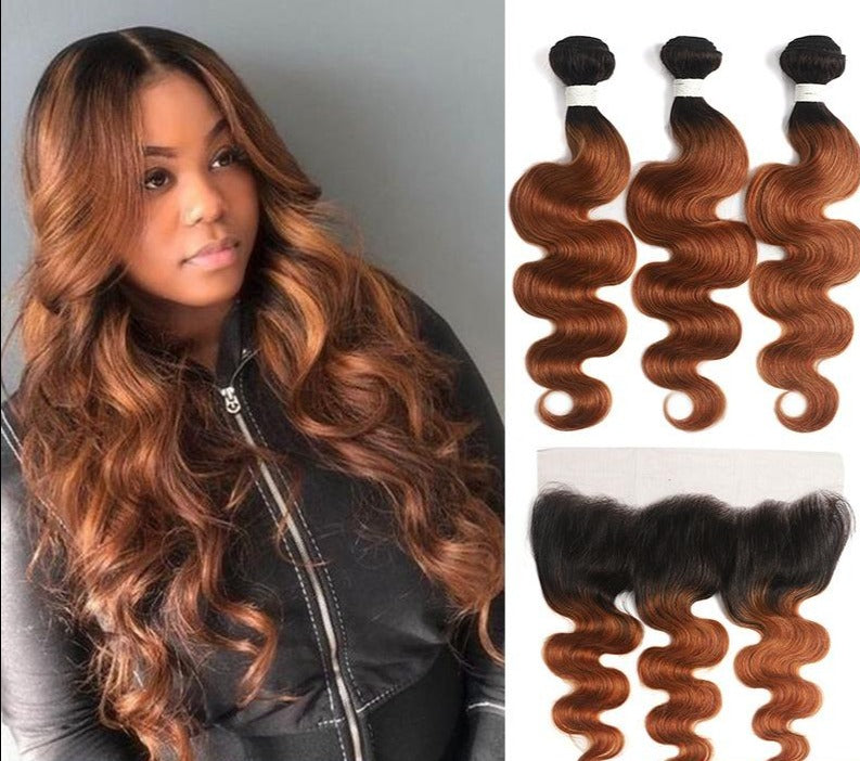 A set of #30 Ombre 10A Grade Body Wave hair bundles with 4x4 closure and 13x4 frontal, showcasing beautiful waves and rich color.