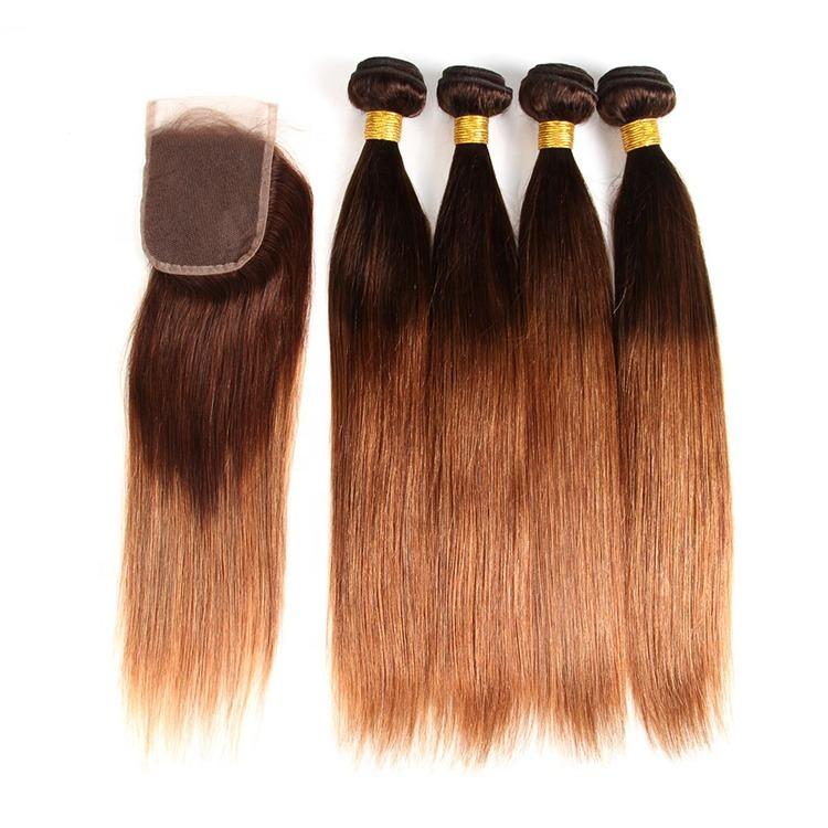 High-quality #4/30 Straight Ombre 10A Grade Body Wave hair bundles with a 4x4 lace closure, showcasing beautiful color transition and texture.