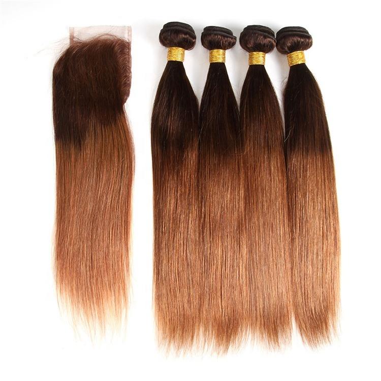 High-quality #4/30 Straight Ombre 10A Grade Body Wave hair bundles with a 4x4 lace closure, showcasing beautiful color transition and texture.