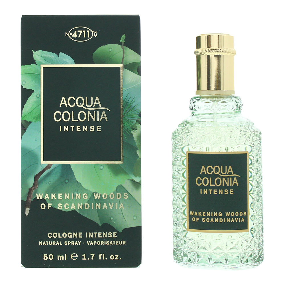 4711 Acqua Colonia Intense Wakening Woods of Scandinavia Eau de Cologne bottle with elegant design, showcasing its refreshing woody fragrance.