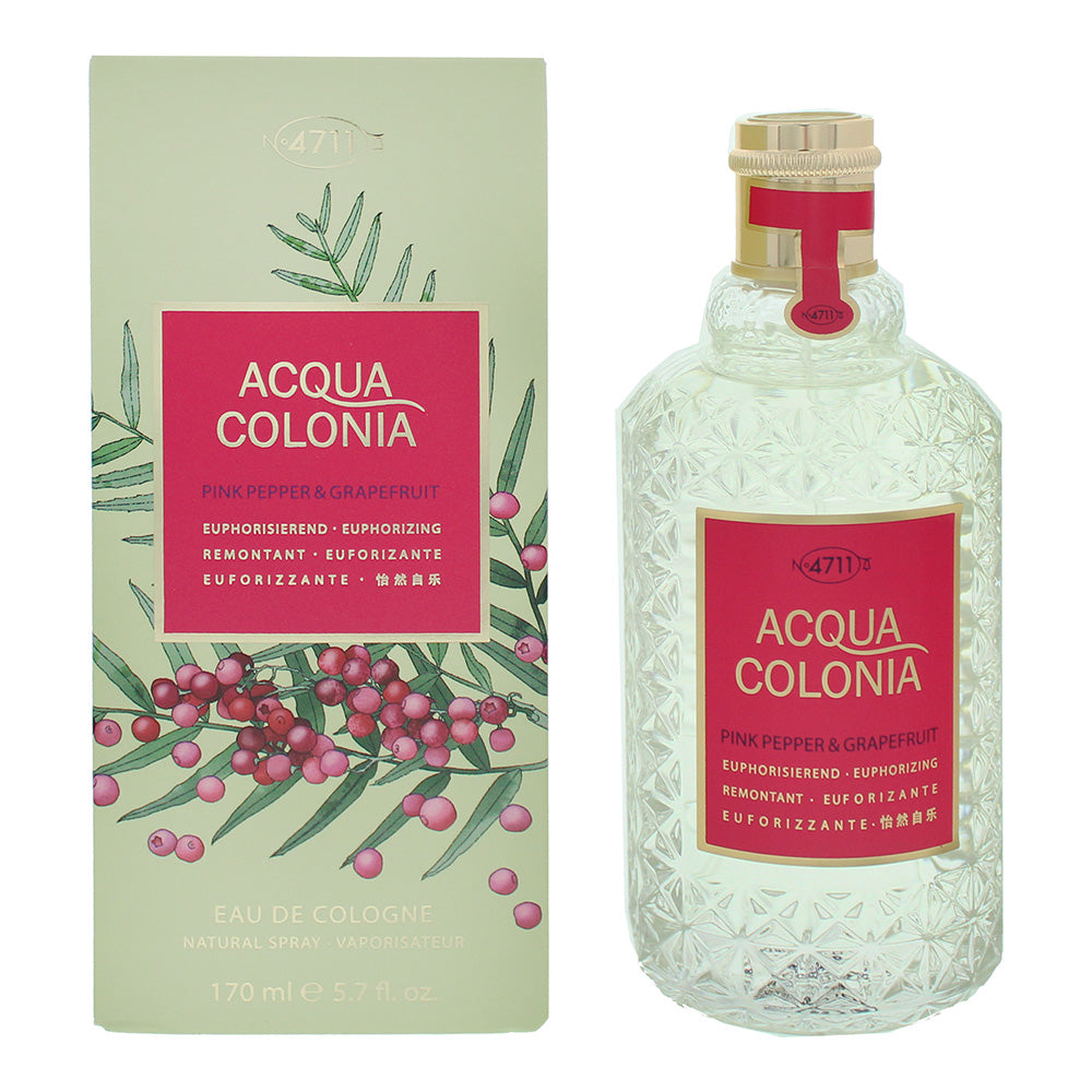 4711 Acqua Colonia Pink Pepper & Grapefruit Eau de Cologne bottle with a vibrant design, showcasing its refreshing fragrance.