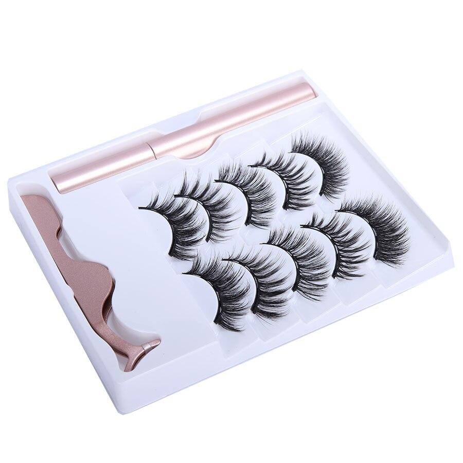 5 pairs of magnetic eyelashes set with liquid eyeliner and tweezers, showcasing natural long lashes and a waterproof eyeliner for easy application.