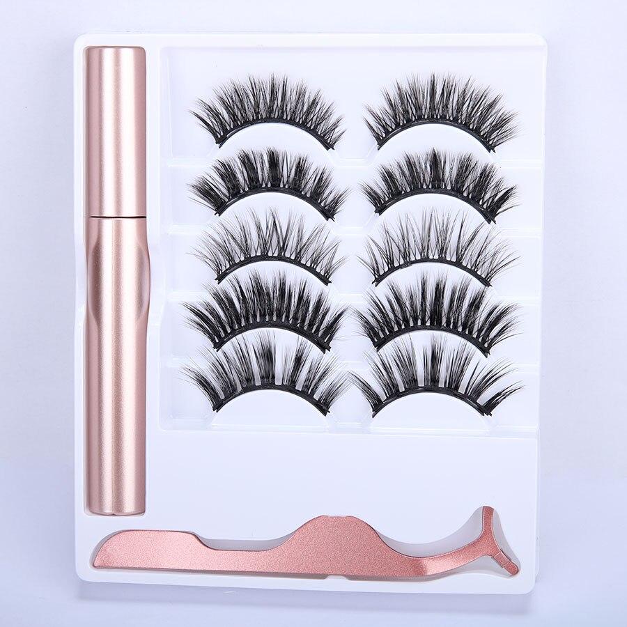 5 pairs of magnetic eyelashes set with liquid eyeliner and tweezers, showcasing natural long lashes and a waterproof eyeliner for easy application.