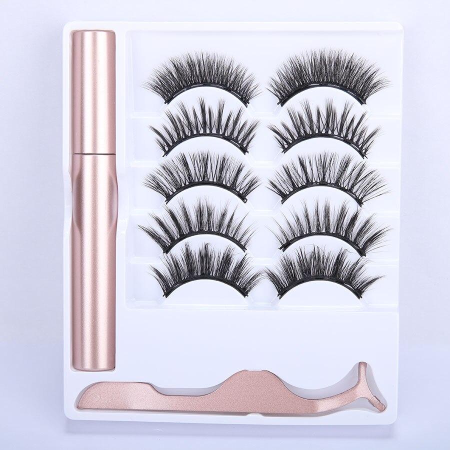 5 pairs of magnetic eyelashes set with liquid eyeliner and tweezers, showcasing natural long lashes and a waterproof eyeliner for easy application.