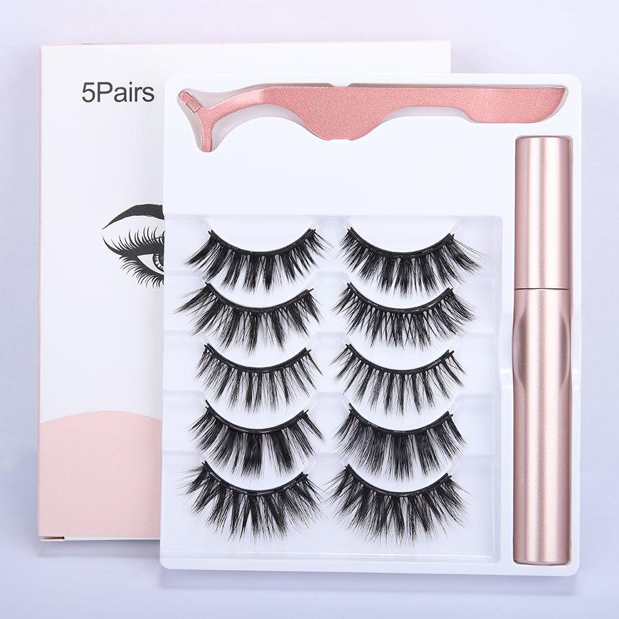 5 pairs of magnetic eyelashes set with liquid eyeliner and tweezers, showcasing natural long lashes and a waterproof eyeliner for easy application.