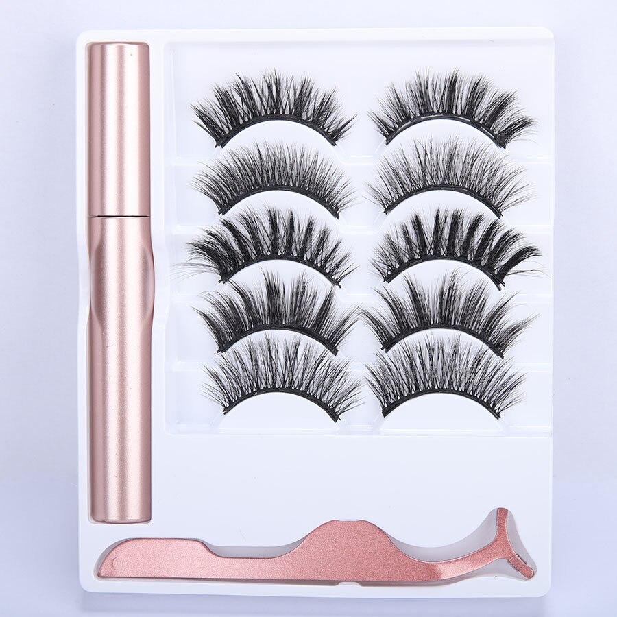 5 pairs of magnetic eyelashes set with liquid eyeliner and tweezers, showcasing natural long lashes and a waterproof eyeliner for easy application.