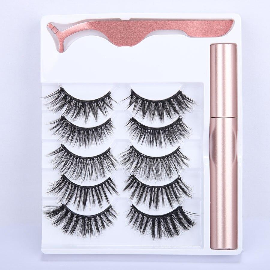 5 pairs of magnetic eyelashes set with liquid eyeliner and tweezers, showcasing natural long lashes and a waterproof eyeliner for easy application.