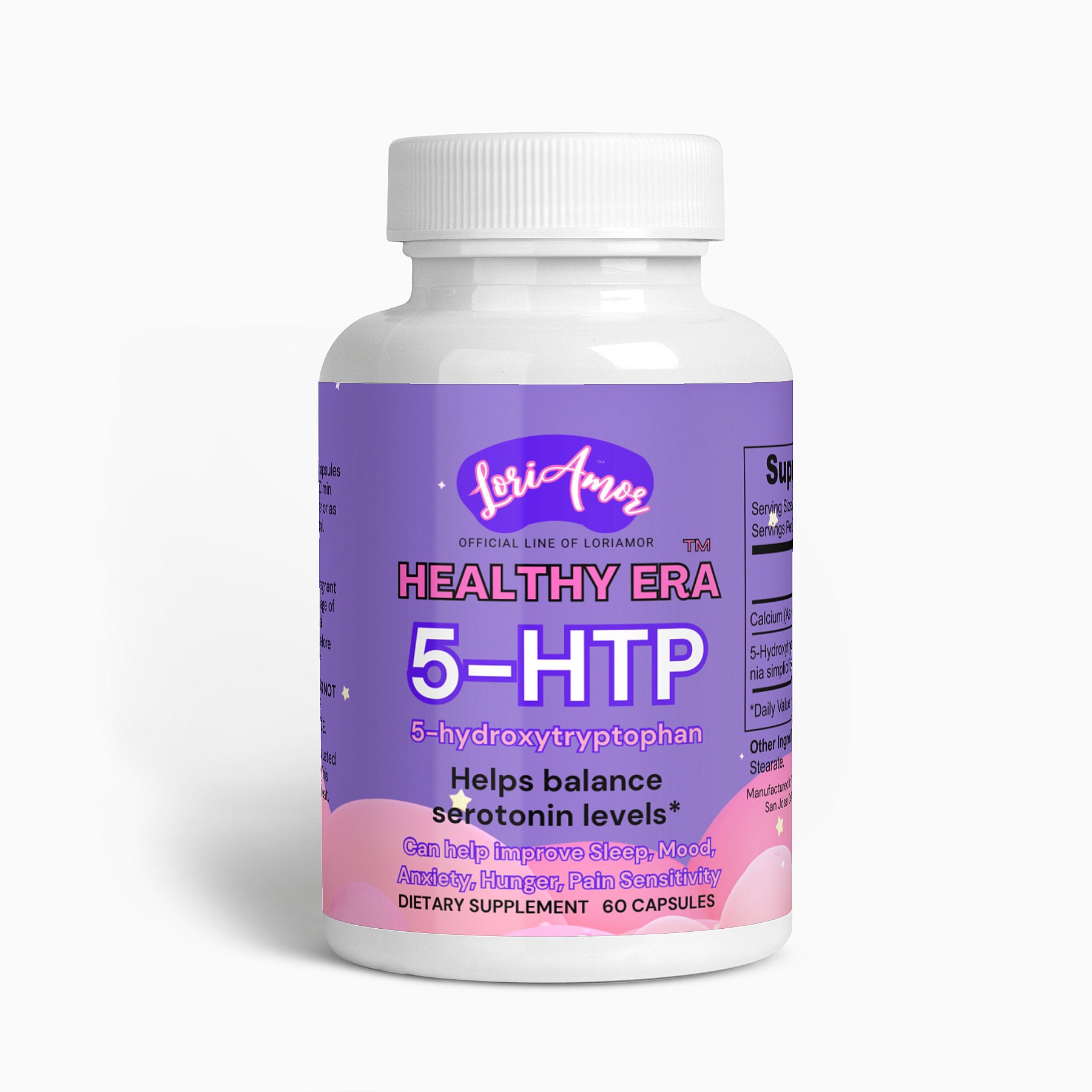 Bottle of 5-HTP Serotonin Booster capsules with a natural background, showcasing its holistic health benefits.