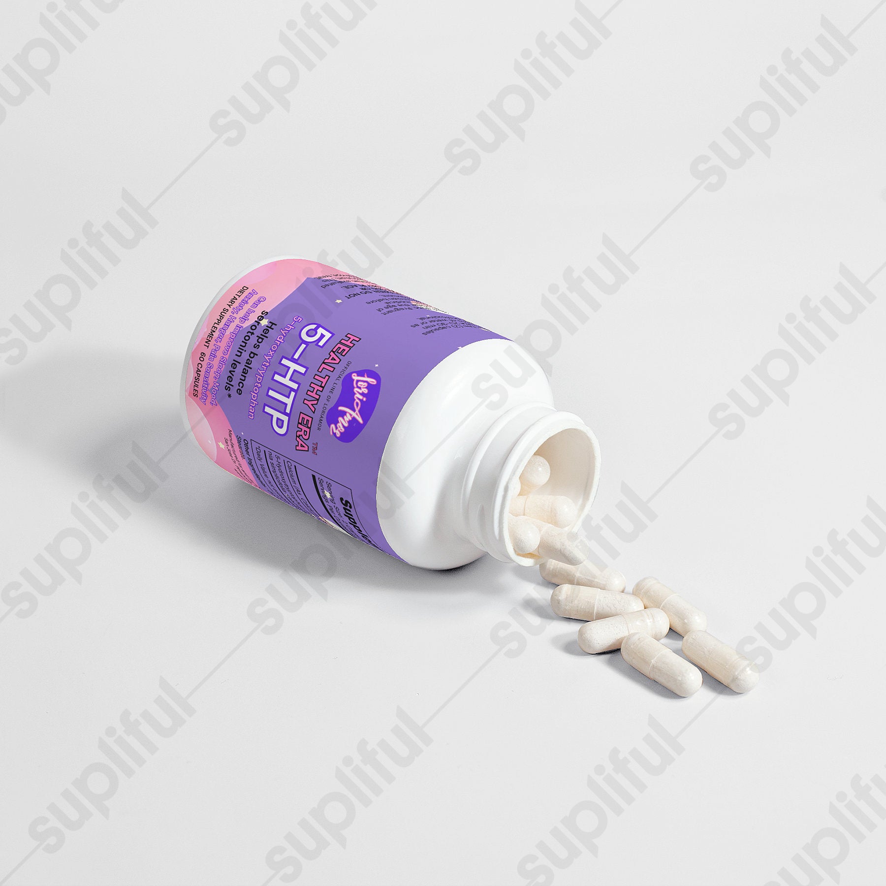 Bottle of 5-HTP Serotonin Booster capsules with a natural background, showcasing its holistic health benefits.