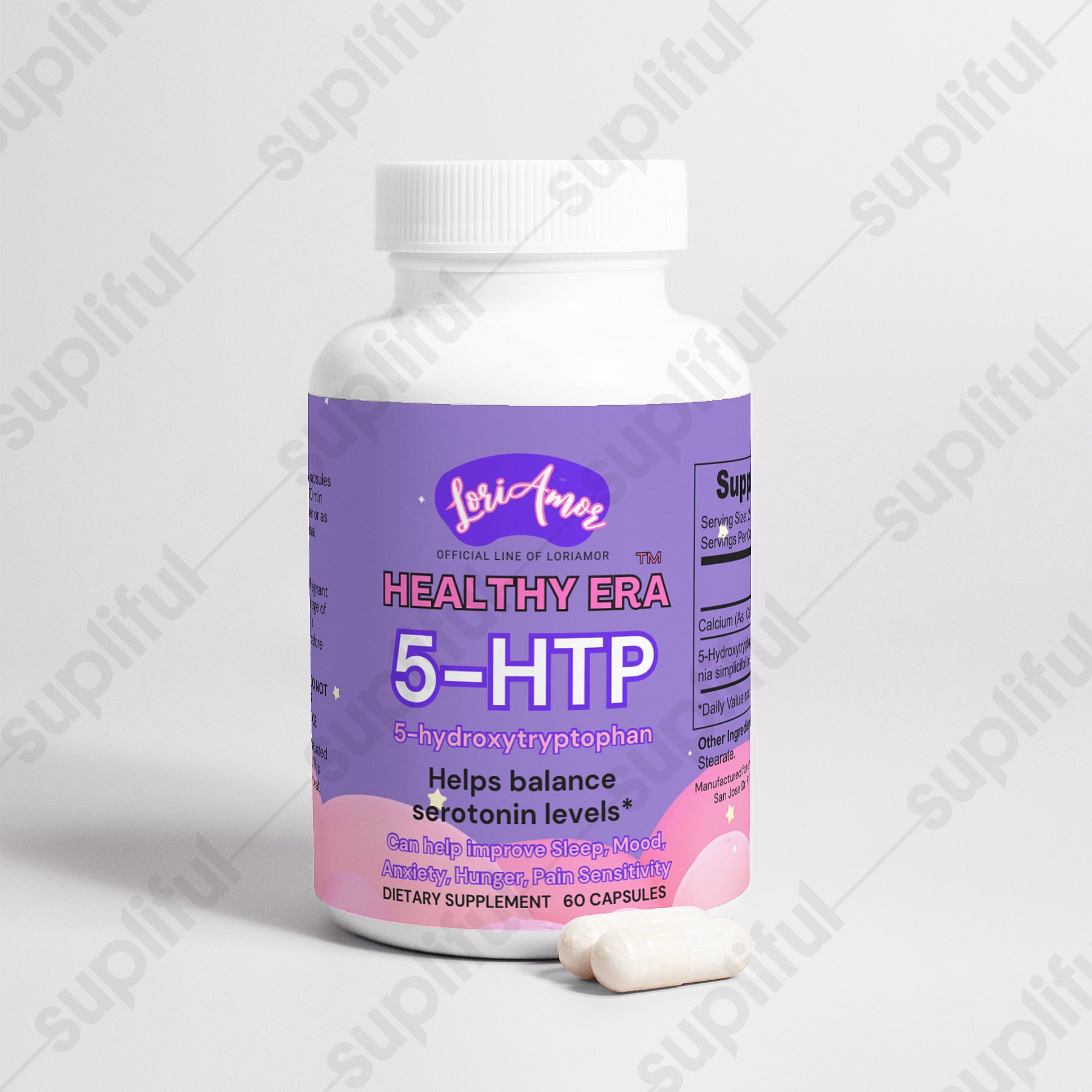 Bottle of 5-HTP Serotonin Booster capsules with a natural background, showcasing its holistic health benefits.