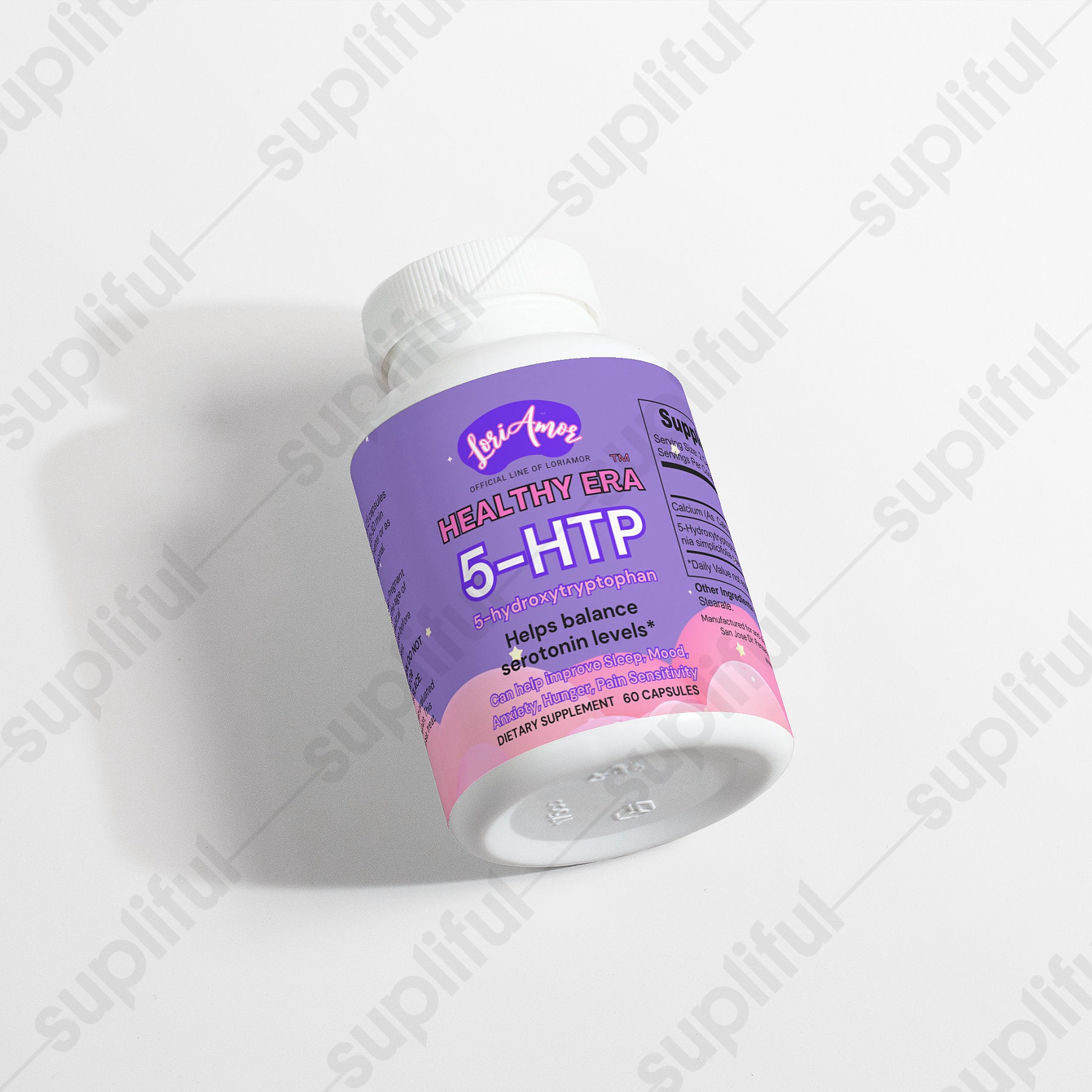 Bottle of 5-HTP Serotonin Booster capsules with a natural background, showcasing its holistic health benefits.