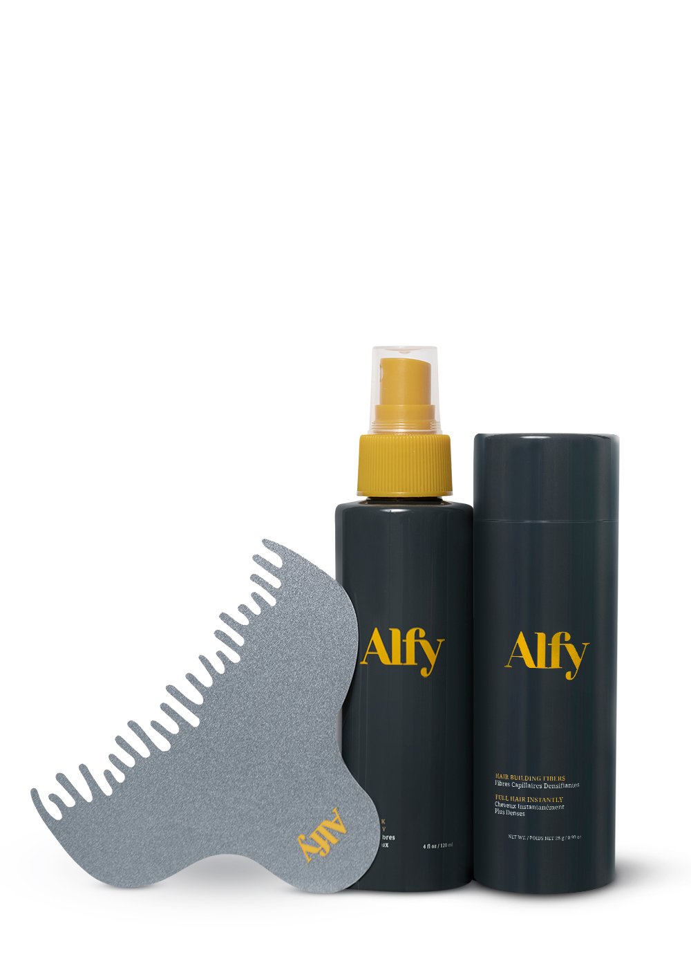 Alfy's 60 to 90 Day Value Kit featuring Hair Building Fibers, Fiber Lock Hair Spray, and Hairline Optimizer for fuller hair.