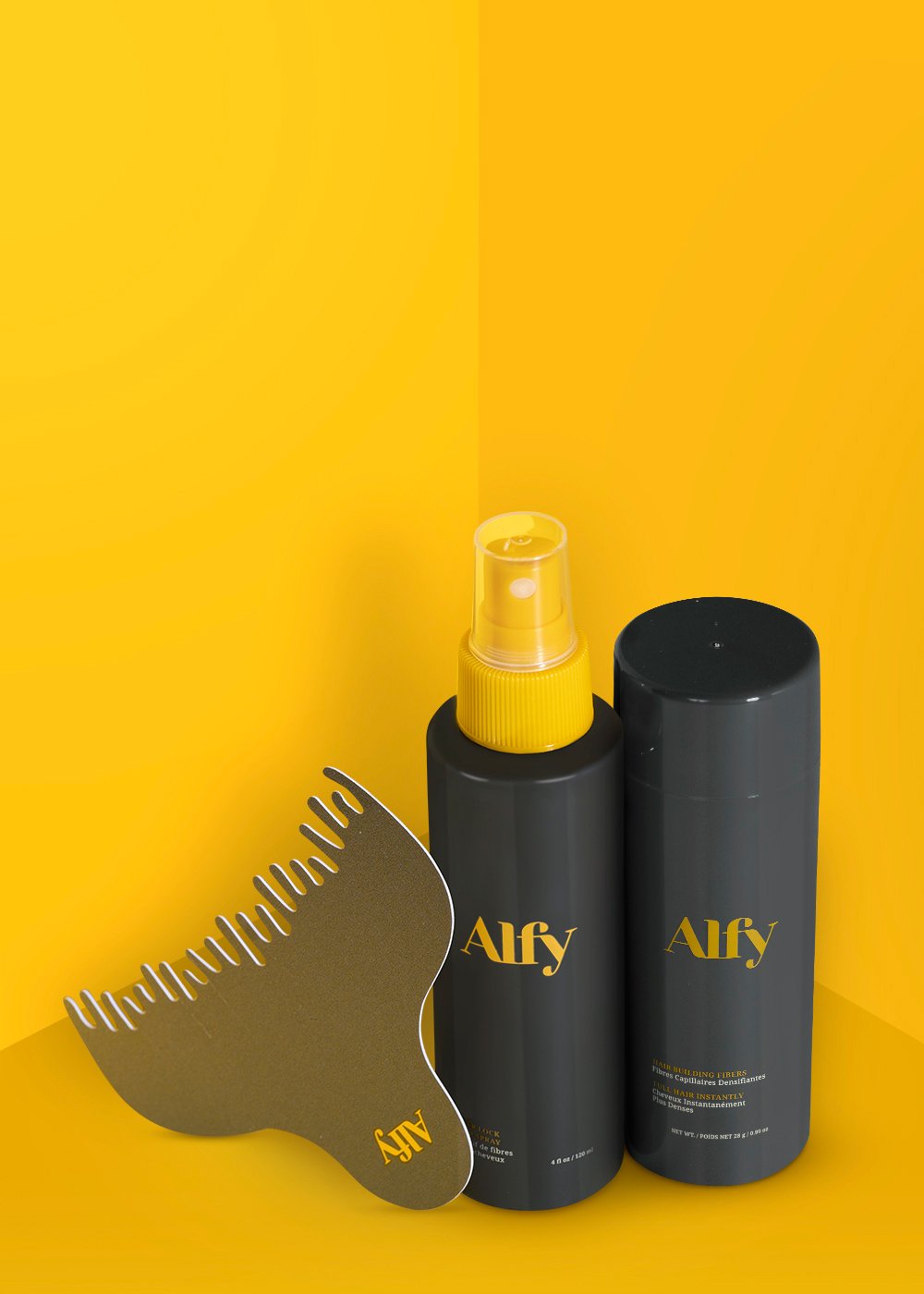 Alfy's 60 to 90 Day Value Kit featuring Hair Building Fibers, Fiber Lock Hair Spray, and Hairline Optimizer for fuller hair.