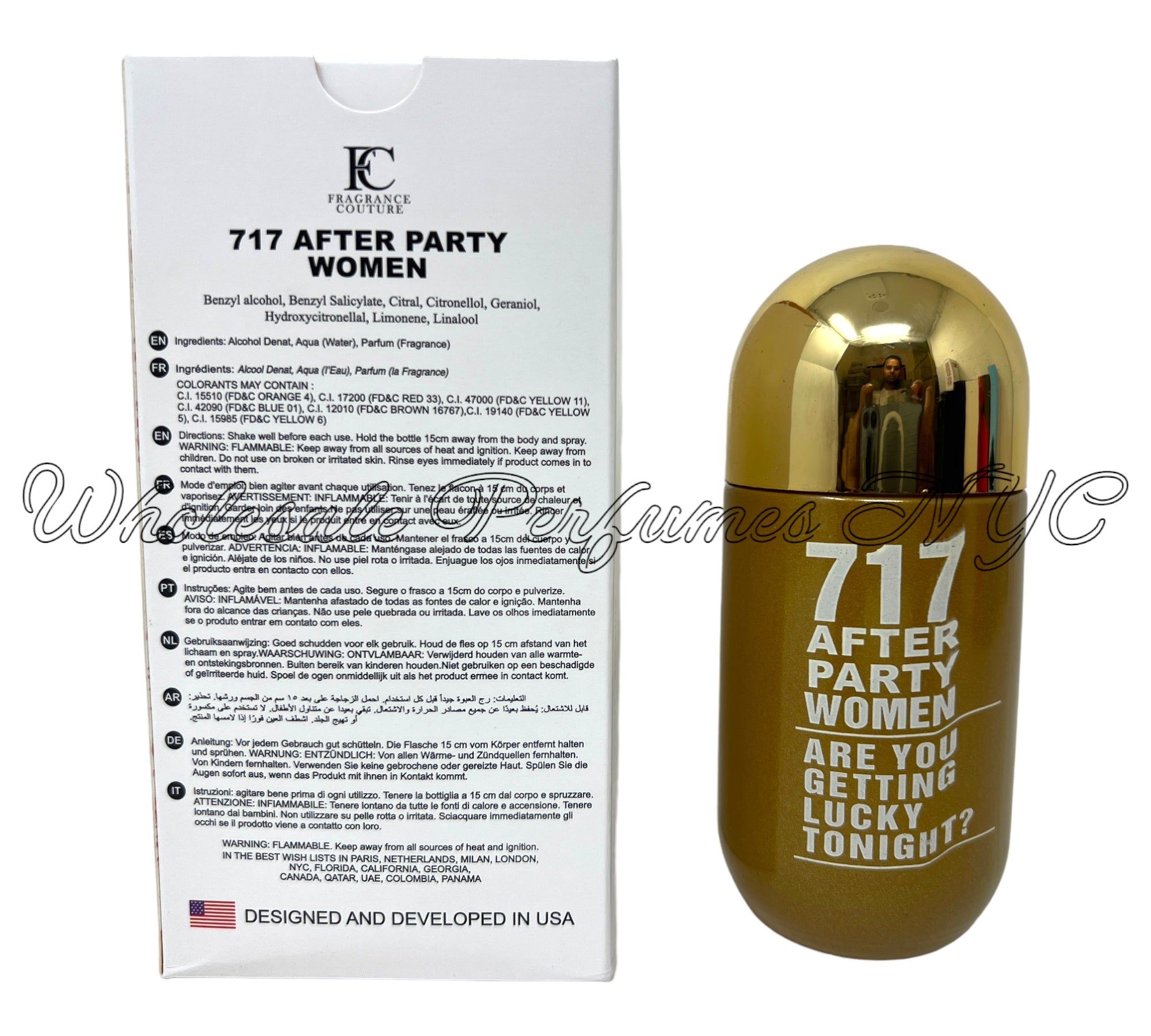 Elegant bottle of 717 After Party for Women Eau de Parfum, showcasing its luxurious design and 3.4oz size.