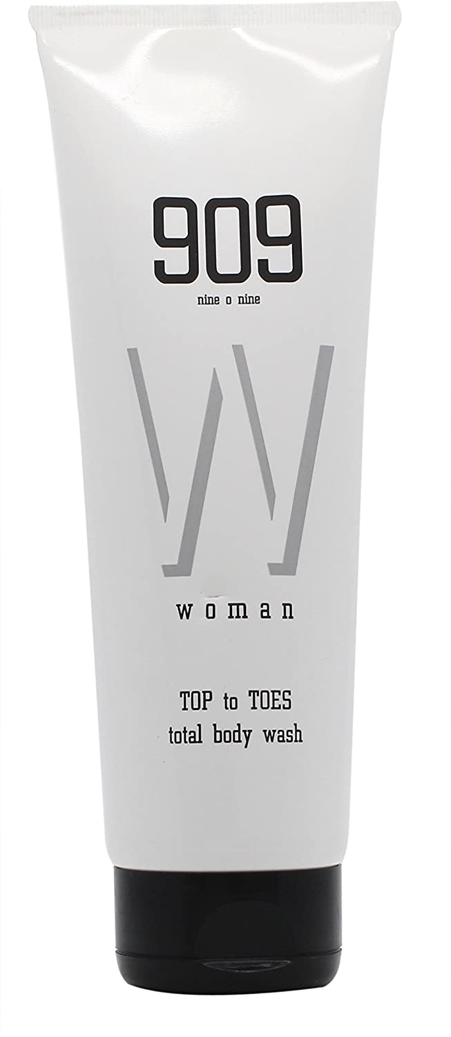 A bottle of 909 Top to Toes Woman Bath & Shower Gel, featuring a sleek design and vibrant label, ideal for daily cleansing.