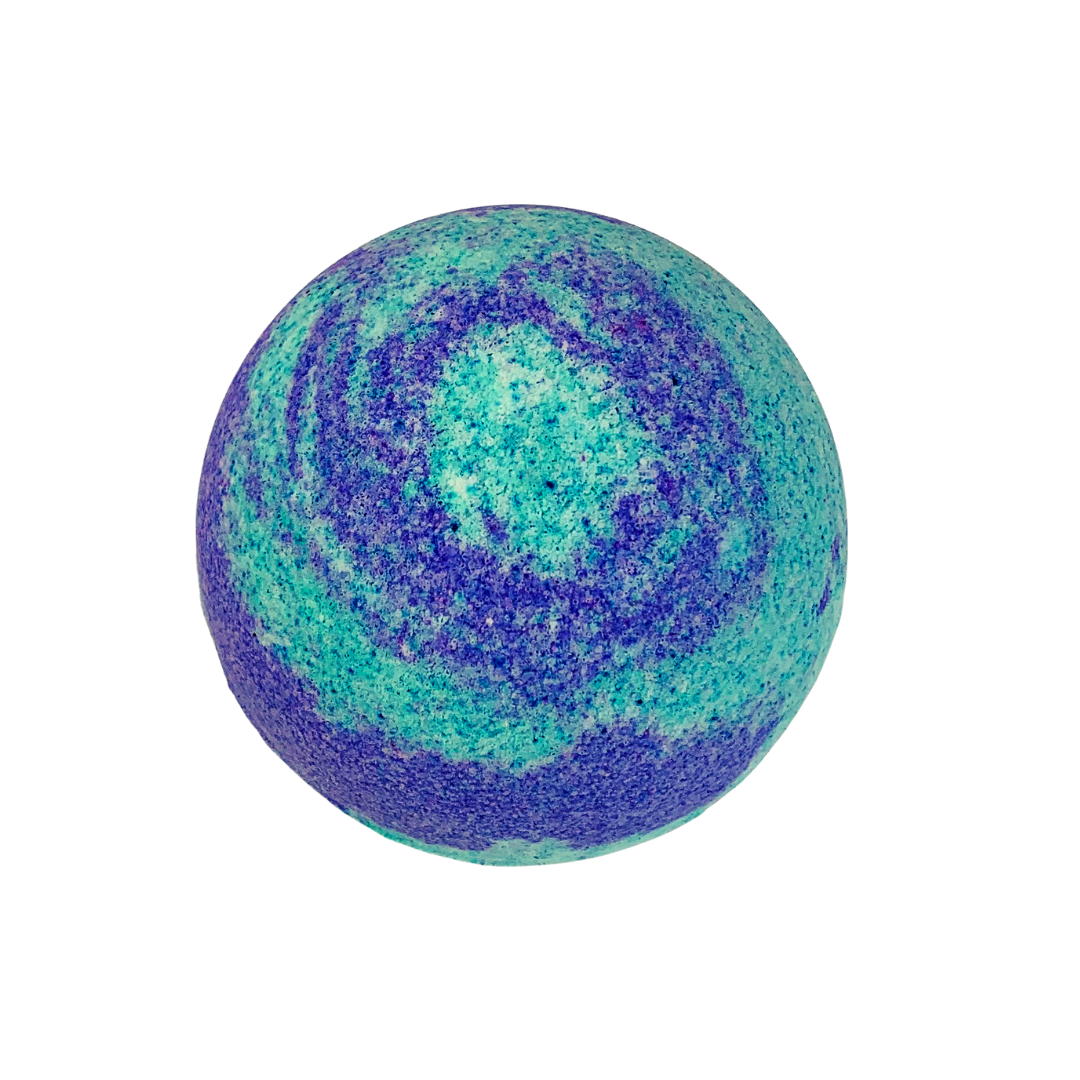 Abyss Bath Bomb in vibrant colors, featuring Blue Agave and Sea Salt scent, resting on a wooden surface with bubbles around it.