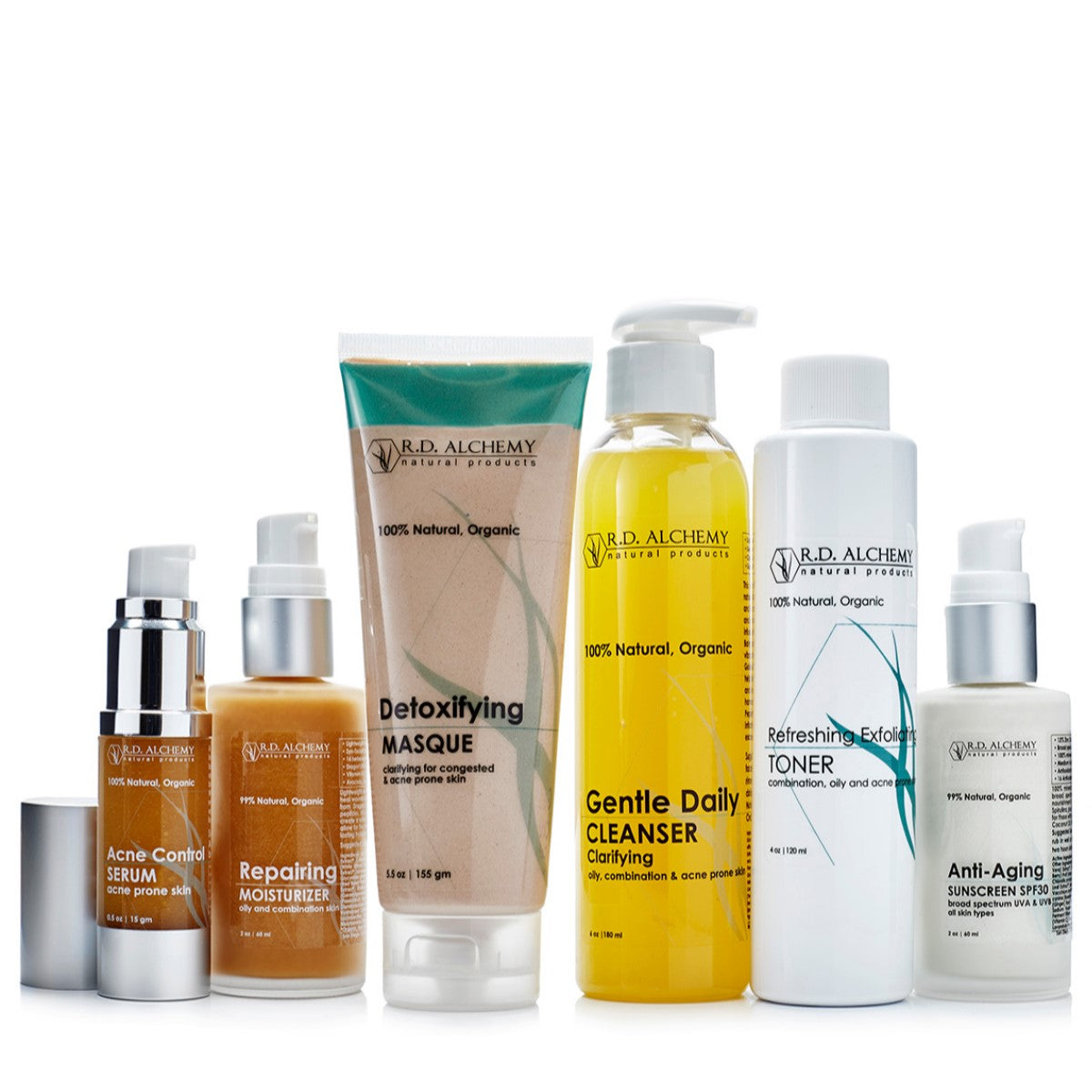 Acne Control Set featuring six skincare products designed for oily and combination skin types, targeting breakouts and promoting healing.