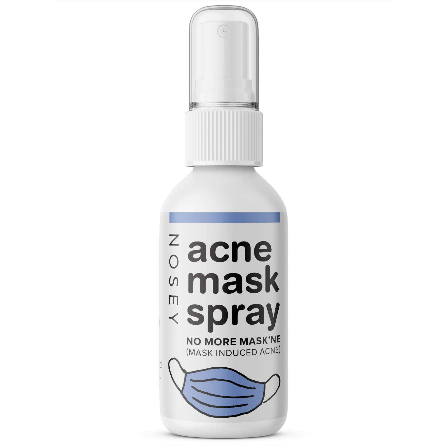 A 2oz glass bottle of Acne Face Mask Spray featuring a label with tea tree oil and lavender illustrations, designed for combating mask-induced acne.