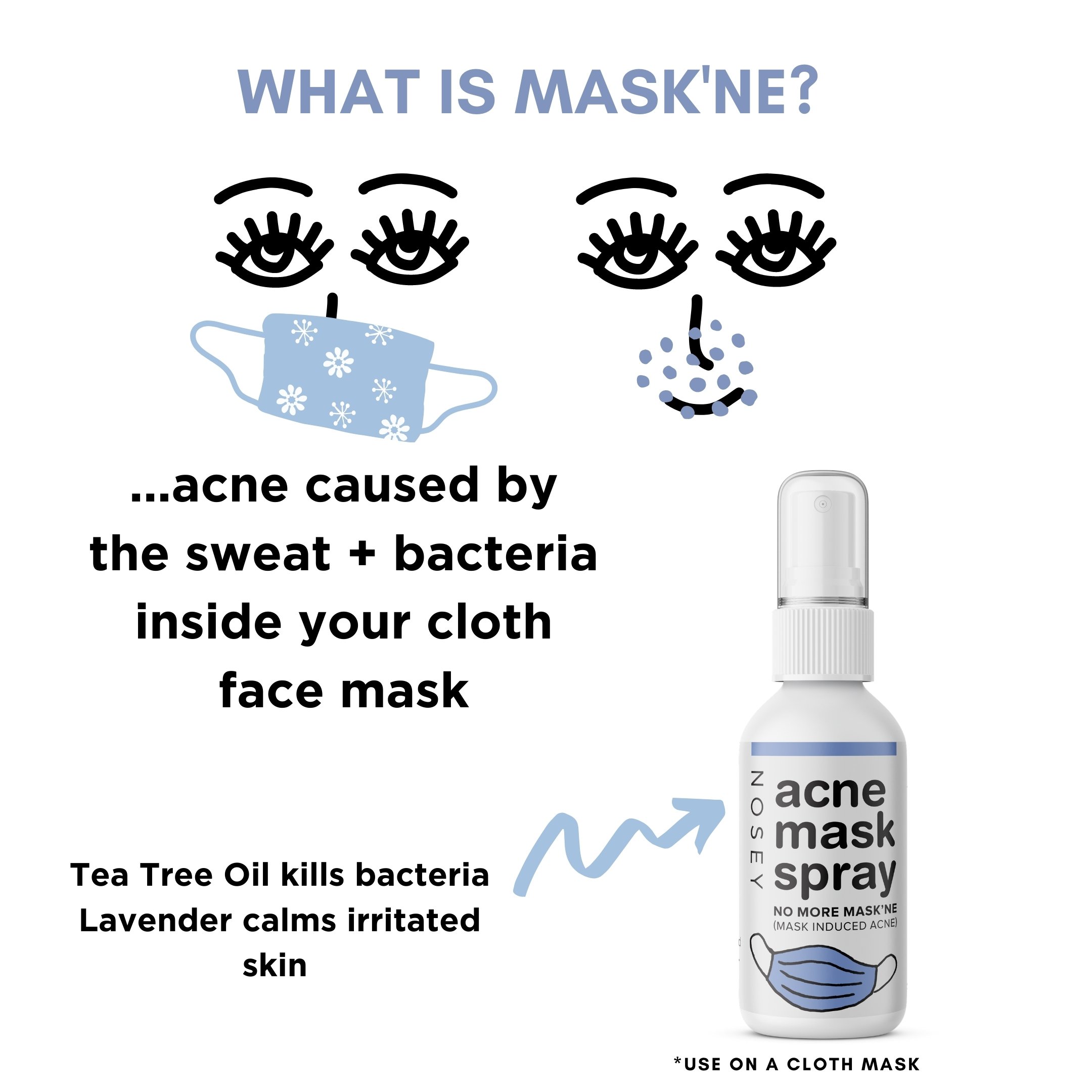 A 2oz glass bottle of Acne Face Mask Spray featuring a label with tea tree oil and lavender illustrations, designed for combating mask-induced acne.