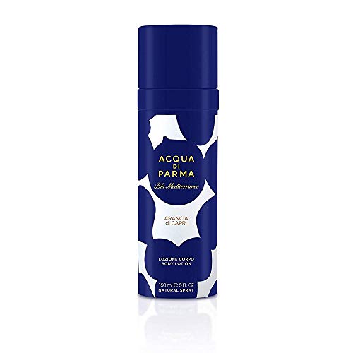 Acqua di Parma Blu Mediterraneo Arancia di Capri Body Lotion bottle with a vibrant orange label, showcasing its luxurious design.