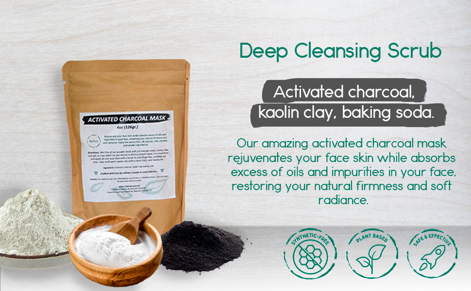 Activated Charcoal Mask in a small bowl, showcasing its fine powder texture, surrounded by natural ingredients like honey and aloe vera.