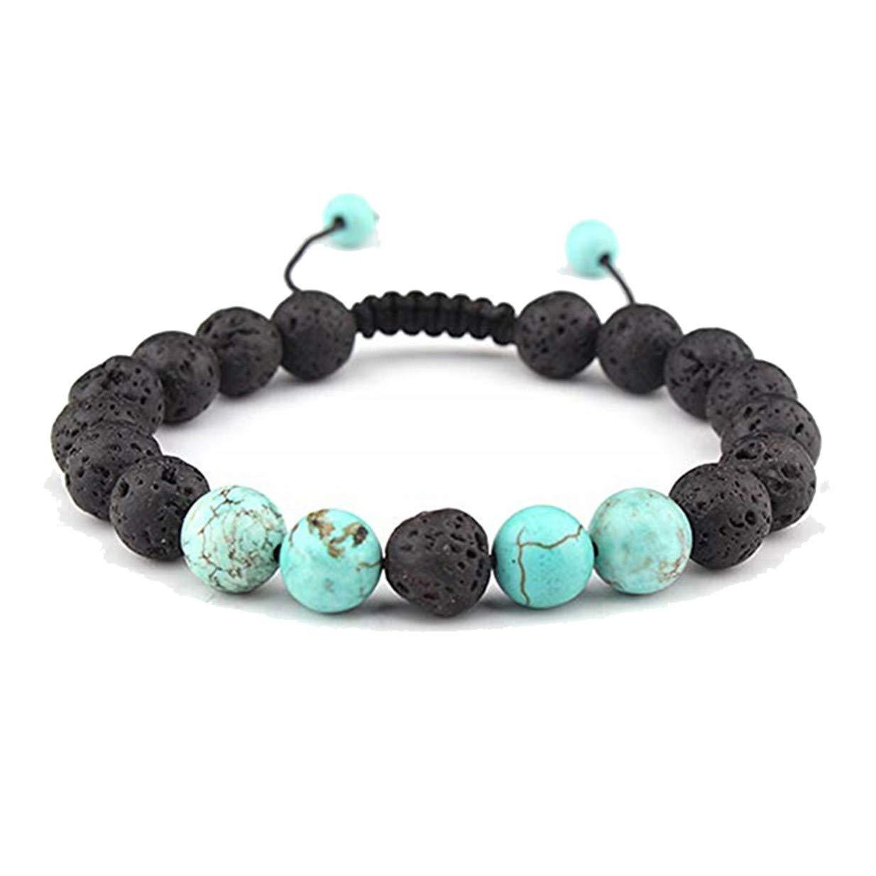 Adjustable anxiety diffusing lava stone bracelet featuring turquoise stones, perfect for aromatherapy and stylish wear.